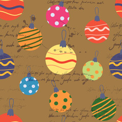 Christmas seamless pattern retro balls, toys. Doodle vintage icons