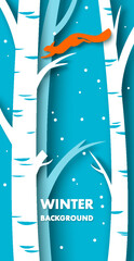 Winter background with trees and squirrel vector