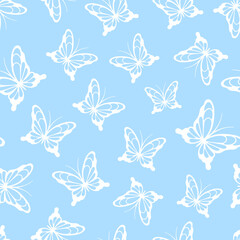 White lace butterflies on pastel blue background. Vector seamless pattern. Best for textile, print, wallpapers, and wedding decoration.