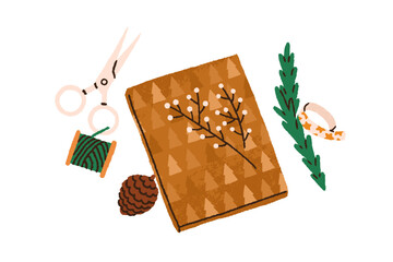 Christmas gift box, DIY decoration and packing. Xmas holiday present wrapped in kraft paper, craft wrapping, decorated with branch, cone. Flat vector illustration isolated on white background