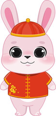 Pink Rabbit Boy Standing in Chinese New Year Festival Cartoon Style