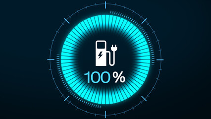 Electric car dashboard display. Electric Car Charging Indicating the Progress of the Charging, electric vehicle battery indicator showing an increasing battery charge