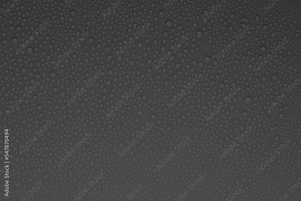 Poster tiny water droplets on grey background as dew or spray pattern with soft matte surface, top view.