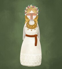 Ukrainian national doll named Motanka. Blonde with a spring wreath on her head. Green background. Draw in digital art national style. Symbol art. Ancient amulet. Historical attributes are national.