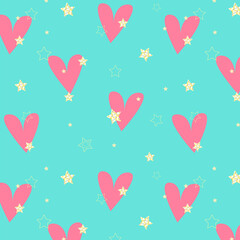 Stars and heart pattern, Love, passion,  Valentines Day, Shiny gold stars and pink hearts on blue background. 