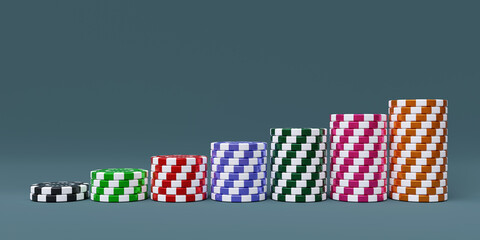 Casino poker chips stack on gray background, 3d