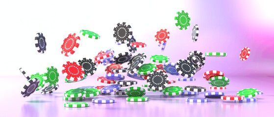 Casino, betting, leisure game. Poker gambling chips falling, 3d