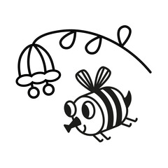Cute isolated bee and flower in black outline on white background for design. Cartoon character. Vector illustration.