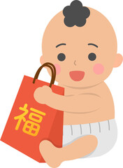 Happy cute baby or toddler with red bag, chinese new year element, vector cartoon style