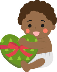 Happy cute baby or toddler with gift box, christmas or birthday, giving gift, afro ethnicity with dark skin tone