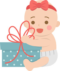 Happy cute baby or toddler with gift box with ribbon, christmas or birthday, gift giving, vector cartoon style
