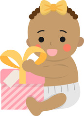 Happy cute baby or toddler with gift box with ribbon, christmas or birthday, gift giving, vector cartoon style