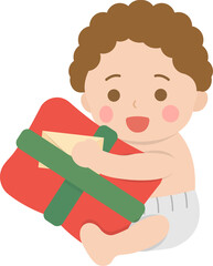 Happy cute baby or toddler with gift box with ribbon, christmas or birthday, gift giving, vector cartoon style