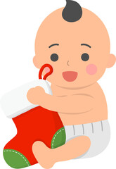 Happy cute baby or toddler with christmas stocking, celebrating christmas, vector cartoon style