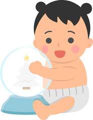 Happy cute baby or toddler with glass snowball, celebrating christmas, vector cartoon style