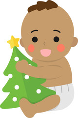 Happy cute baby or toddler with christmas tree, celebrating christmas, ethnicity and dark skin tone, vector cartoon style