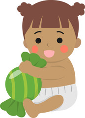Happy cute baby or toddler with candy, celebrating christmas or birthday, ethnicity with dark skin tone, vector cartoon style