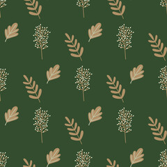 Seamless botanical pattern eucalyptus and branches with berries on a green background. The concept of printing on fabric and paper.
