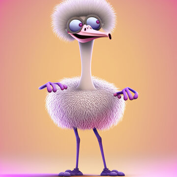 Illustration of a full body fluffy 3d ostrich with arms looking to the rigth