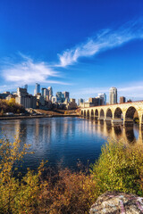 Downtown Minneapolis, Minnesota as seen from the famous stone arch bridge