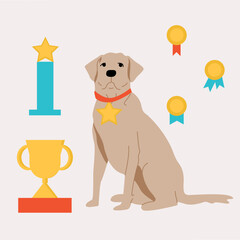 Flat style illustration. Labrador Winner. Prizes, awards, medals. Dog show.