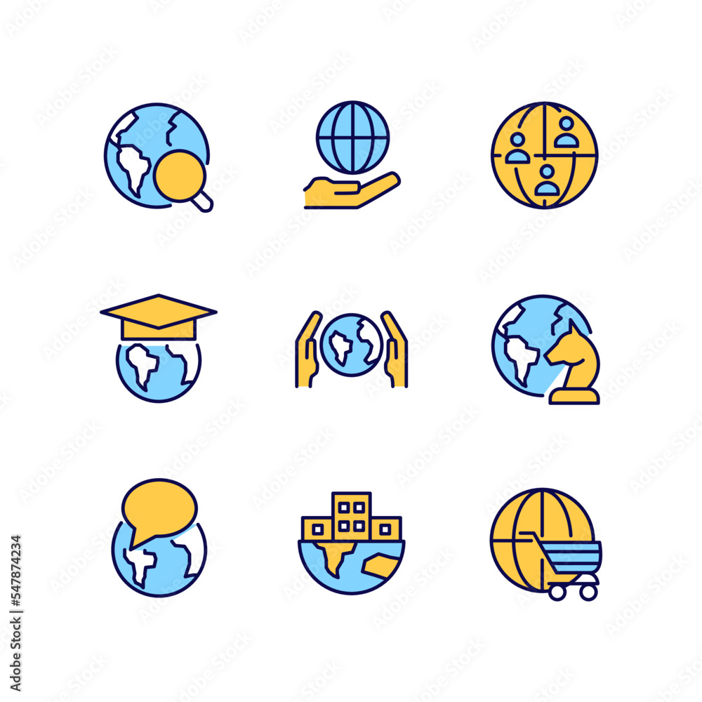 Poster global relationships pixel perfect rgb color icons set. international connections. world development