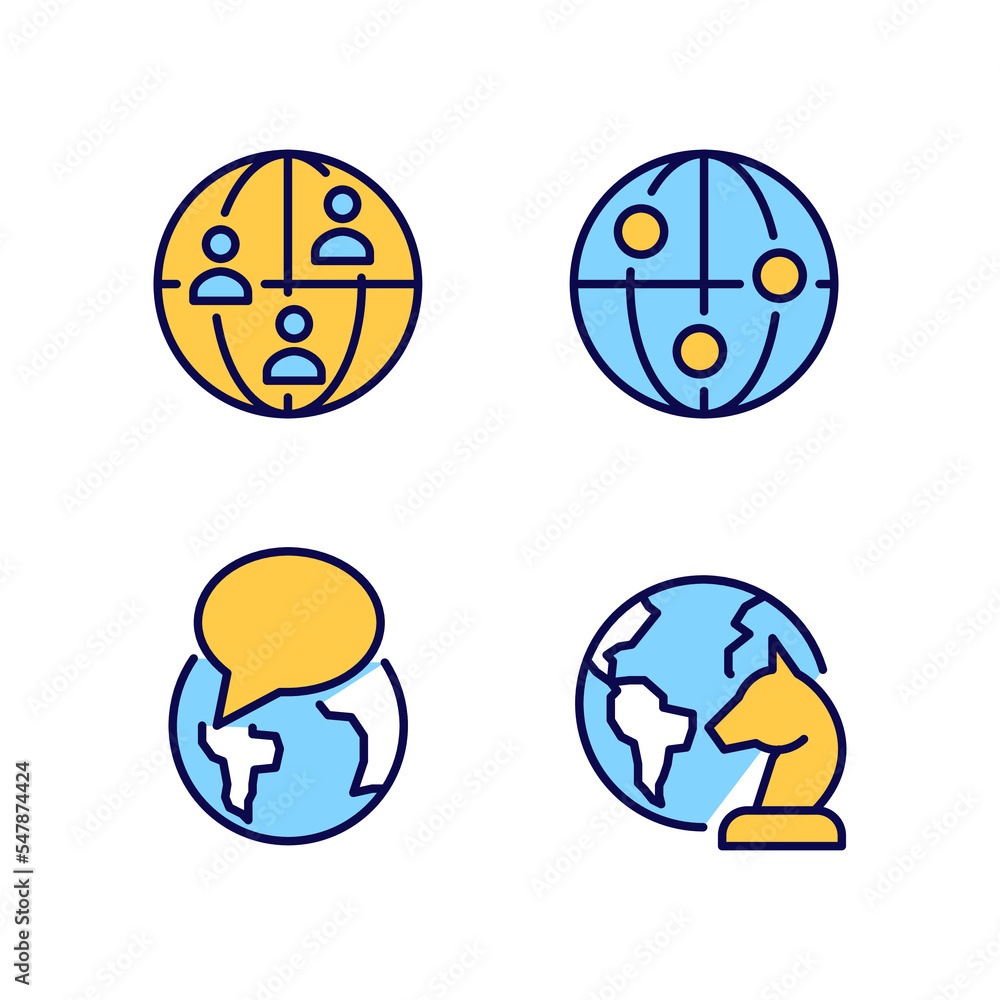 Poster geopolitics process pixel perfect rgb color icons set. global communication. international relations