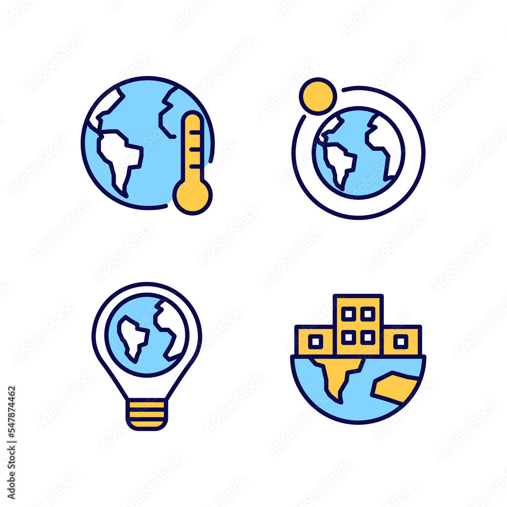 Poster global problems pixel perfect rgb color icons set. urbanization process. climate change. energy sust