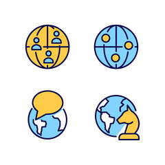 Fototapeta premium Geopolitics process pixel perfect RGB color icons set. Global communication. International relations. Isolated vector illustrations. Simple filled line drawings collection. Editable stroke