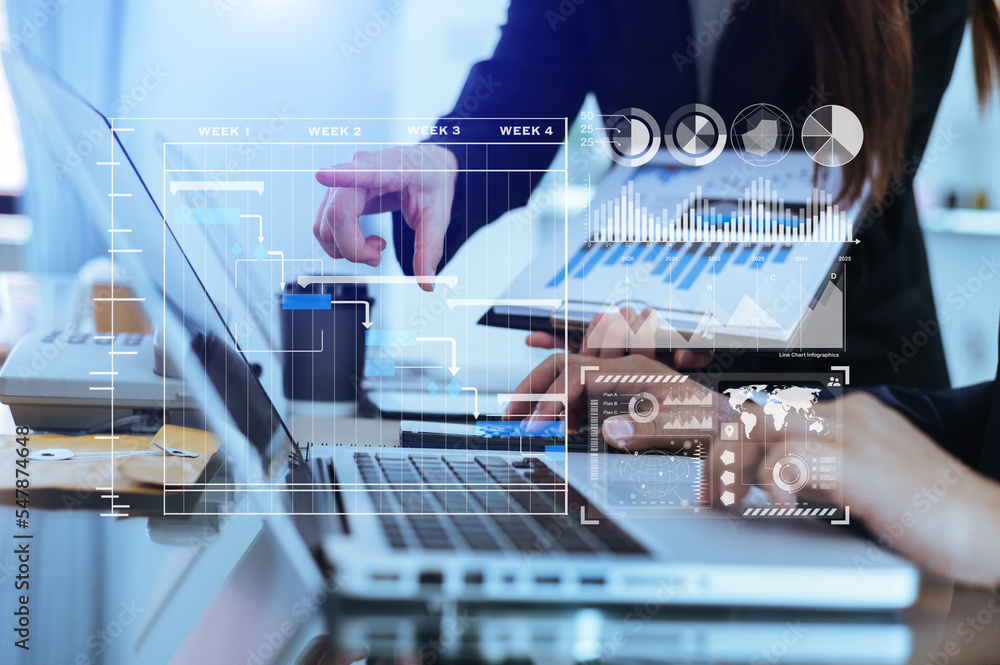 Poster businessman hand project manager working and update tasks and gantt chart scheduling virtual diagram