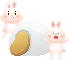 Cute rabbit character or mascot, lantern festival or winter solstice with glutinous rice balls, asian glutinous rice sweets, flavors and fillings, vector cartoon style