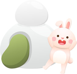 Cute rabbit character or mascot, lantern festival or winter solstice with glutinous rice balls, asian glutinous rice sweets, flavors and fillings, vector cartoon style