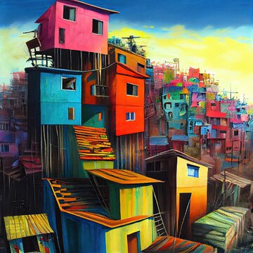 Colorful and vibrant yellow and orange shantytown at sunrise. Overpopulated favela multi storey square houses and shops built from wood and corrugated steel panels. Digital painting art.