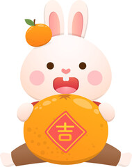 Cute rabbit character or mascot with tangerine, Chinese lunar new year elements, year of the rabbit, vector cartoon style
