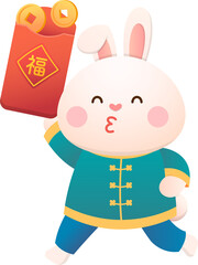 Cute rabbit character or mascot with red paper bag with gold coins, Chinese lunar new year elements, year of the rabbit, vector cartoon style