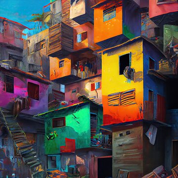 Colorful and vibrant yellow and orange shantytown at sunrise. Overpopulated favela multi storey square houses and shops built from wood and corrugated steel panels. Digital painting art.