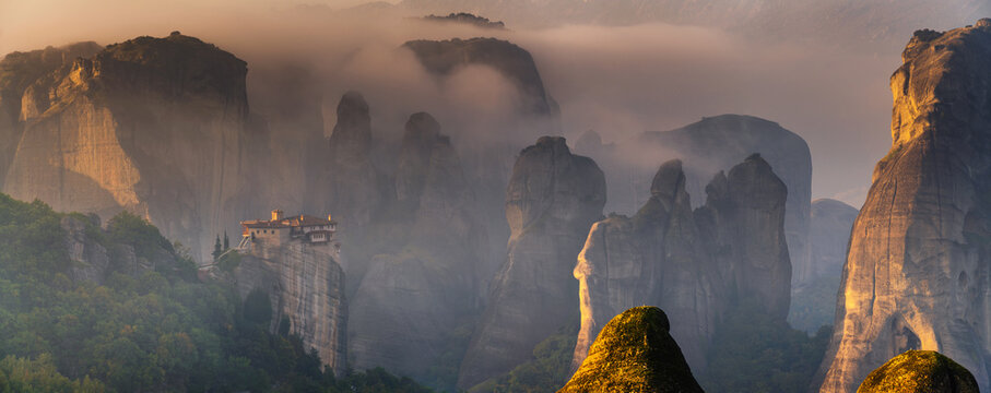 Meteora, Greece-Panorama of mountain scenery of rocks and monasteries.