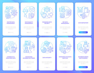 Info optimization process blue gradient onboarding mobile app screen set. Walkthrough 5 steps graphic instructions with linear concepts. UI, UX, GUI template. Myriad Pro-Bold, Regular fonts used