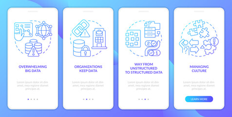 Naklejka premium Database regulation challenges blue gradient onboarding mobile app screen. Walkthrough 4 steps graphic instructions with linear concepts. UI, UX, GUI template. Myriad Pro-Bold, Regular fonts used