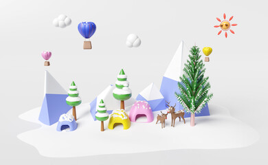 winter travel with snow capped mountains, cloud, christmas tree, deer, Hot air balloon, sun, tent isolated on white background. concept 3d illustration or 3d render