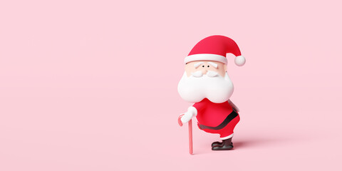 character santa Claus holding Xmas candy cane stick isolated on pink background for website, poster or Happiness cards, Christmas banner, festive New Year, 3d illustration render, clipping path