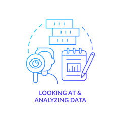 Fototapeta premium Looking at and analyzing data blue gradient concept icon. Business intelligence. Information analyst abstract idea thin line illustration. Isolated outline drawing. Myriad Pro-Bold font used