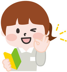 初心者マークを持った軽作業スタッフの女性