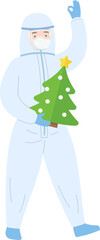 Paramedic or doctor or scientist or medical specialist, protective suit with face shield and medical mask with christmas tree, vector cartoon style