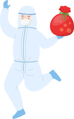 Paramedic or doctor or scientist or medical specialist, protective suit and face shield with medical mask and gift bag, vector cartoon style