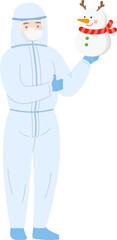 Paramedic or doctor or scientist or medical specialist, protective suit with face shield and medical mask with snowman, vector cartoon style