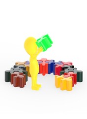 3d yellow character arranging jigsaw