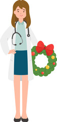 Female paramedic or doctor or medical specialist or scientist with christmas wreath, celebrating christmas or new year, vector cartoon style