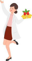 Female paramedic or doctor or medical specialist or scientist with christmas bell, celebrating christmas or new year, vector cartoon style