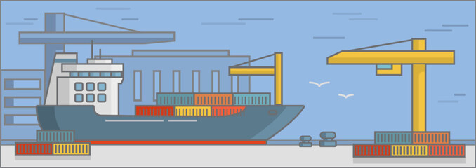 Sea cargo service vector sea port illustration